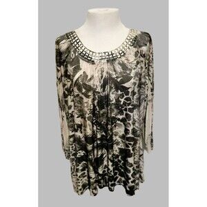 Christopher & Banks Gray and Ivory Cutout Neck 3/4 Sleeve Blouse - size Small